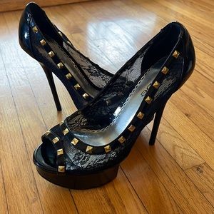 Bebe Lace Studded Sexy Platform Shoes Heels - Size 8